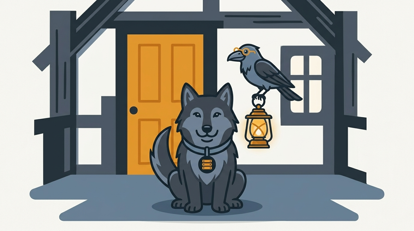 the wolf hosting a service inside a team site house, an amber door, the raven holding a small lantern