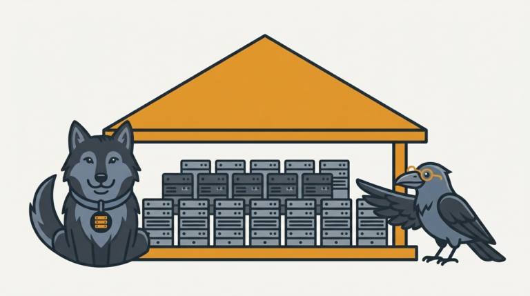 the wolf hosting many services under one roof, an amber roof, the raven pointing with a wing