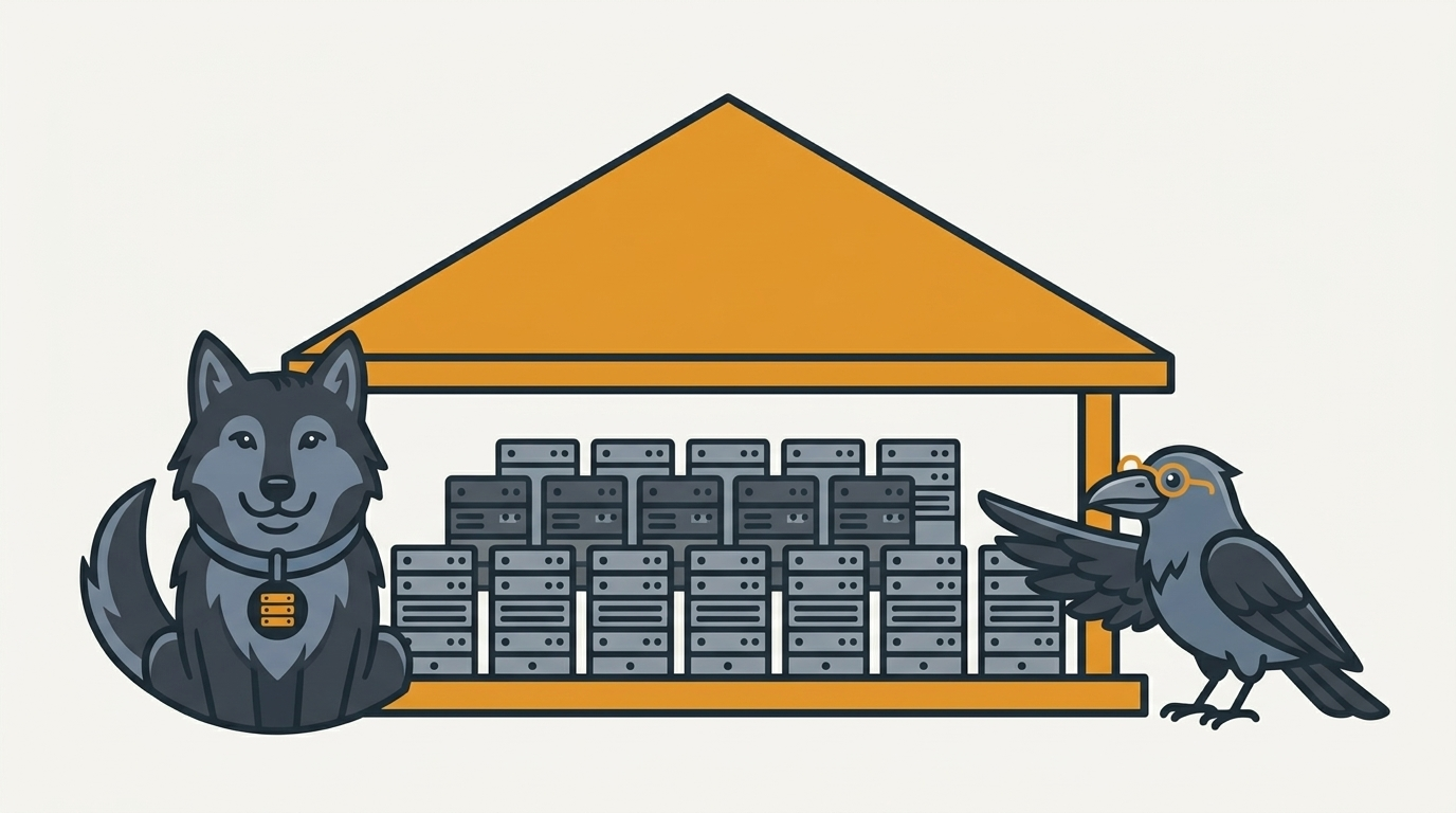 the wolf hosting many services under one roof, an amber roof, the raven pointing with a wing