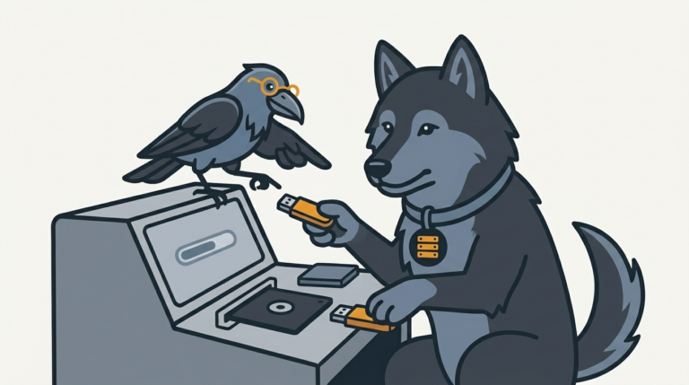 the wolf copying files from a disk onto a USB stick, an amber stick, the raven pointing