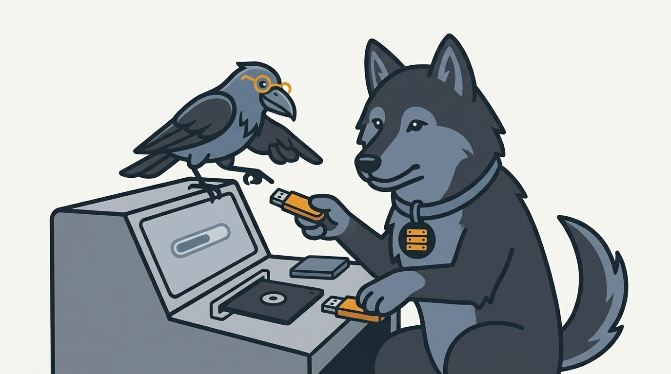 the wolf copying files from a disk onto a USB stick, an amber stick, the raven pointing