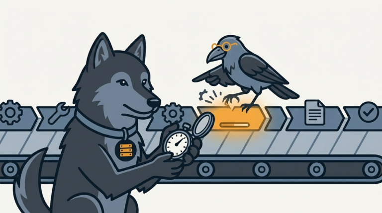 the wolf holding a stopwatch over a conveyor belt of workflow steps, one slow step glowing amber, the raven pointing