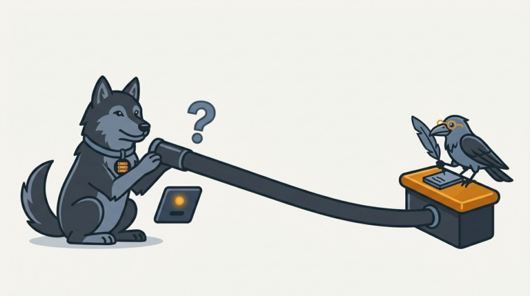 the wolf sending a question through a long tube to a search desk, an amber tube end, the raven taking notes with a feather