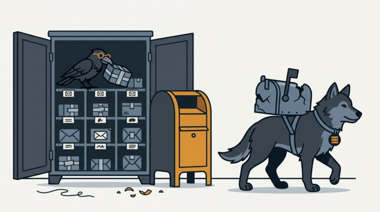 the raven mailing a repaired post box into a mail sorting room, an amber mailbox, the wolf carrying the old one away