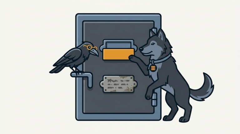 the wolf slipping a new name plate onto a storage vault door, an amber plate, the raven reading the old one
