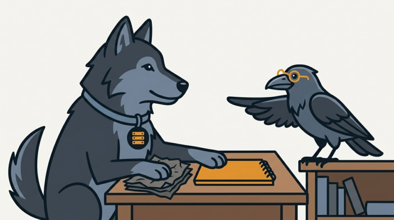 the wolf swapping the notepad on a desk with a better one, an amber pad, the raven pointing with a wing