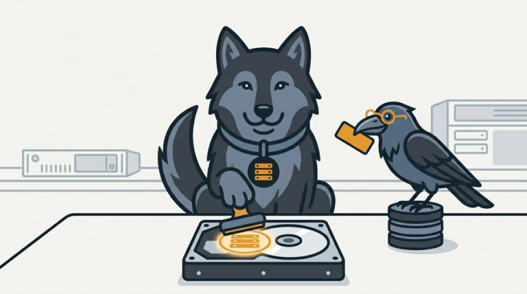the wolf stamping a new serial label on a disk, an amber stamp, the raven holding the label