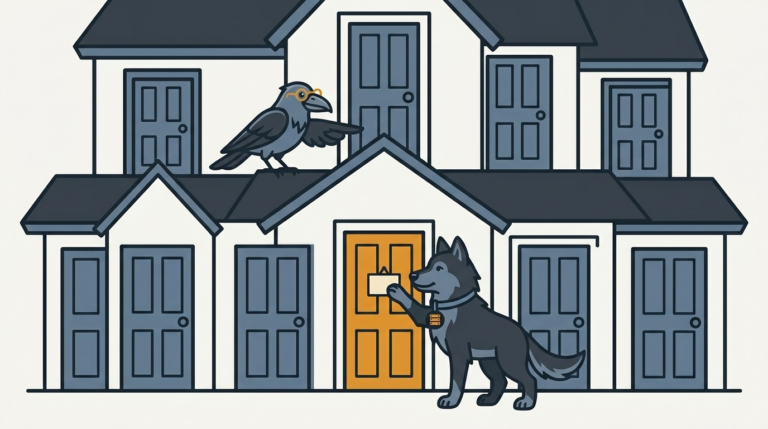 the wolf pinning one address to a house with many doors, an amber door, the raven pointing with a wing