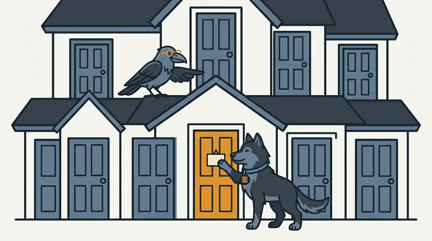 the wolf pinning one address to a house with many doors, an amber door, the raven pointing with a wing