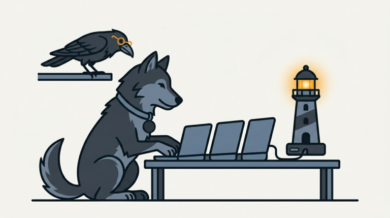 the wolf pairing a row of laptops with one backup disk shaped like a lighthouse that glows amber, the raven watching