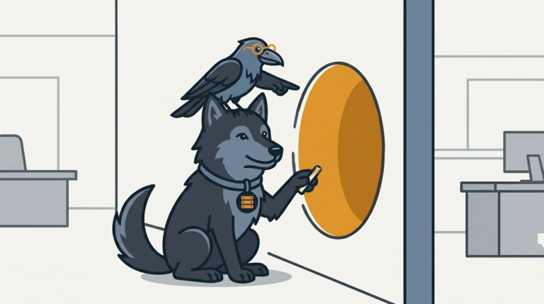 the wolf drawing a tunnel through a wall between two offices, an amber tunnel mouth, the raven pointing