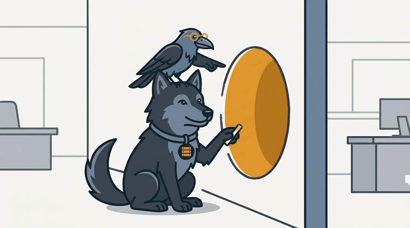 the wolf drawing a tunnel through a wall between two offices, an amber tunnel mouth, the raven pointing