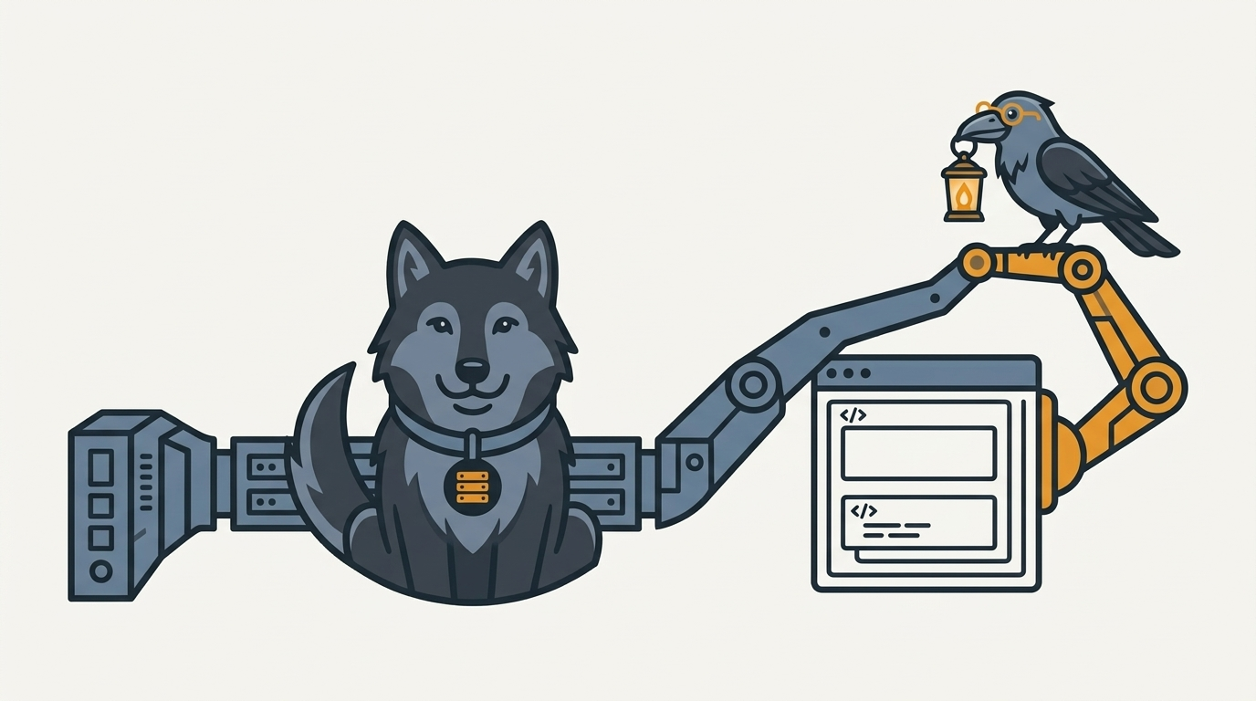 the wolf bridging an ASP.NET page with an AJAX extension arm, an amber arm, the raven holding a small lantern