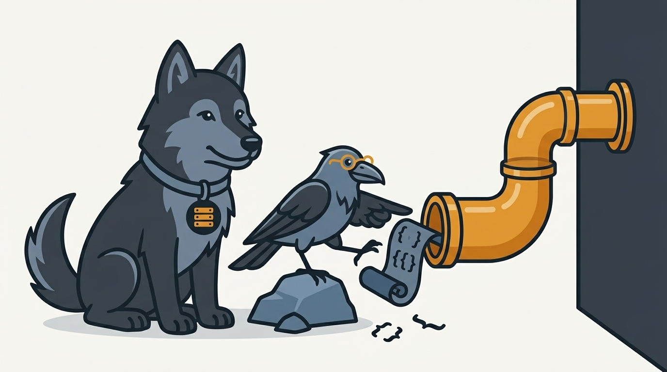 the raven pointing a little scroll of curly braces through a test pipe, an amber pipe, the wolf watching