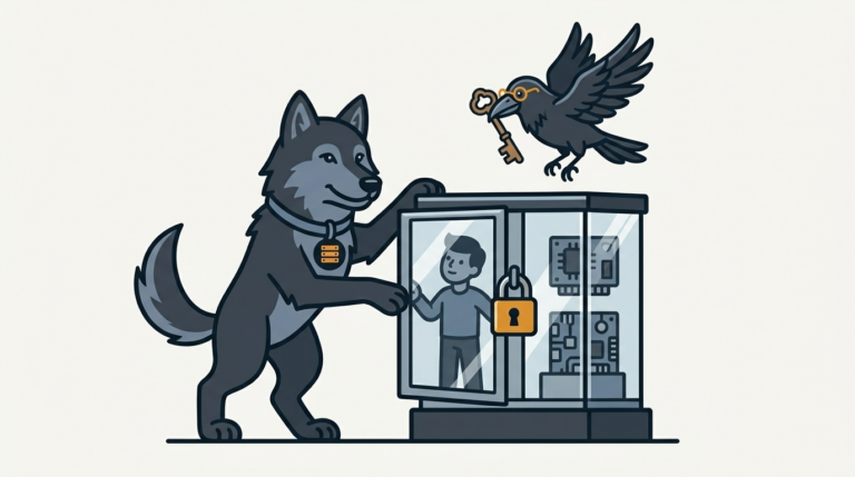 the wolf holding open a locked glass case for a tester to peek through, an amber lock, the raven carrying a key