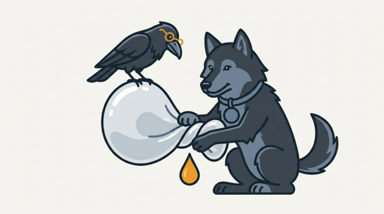 the wolf squeezing the empty space out of a virtual disk like a sponge, an amber drop, the raven watching