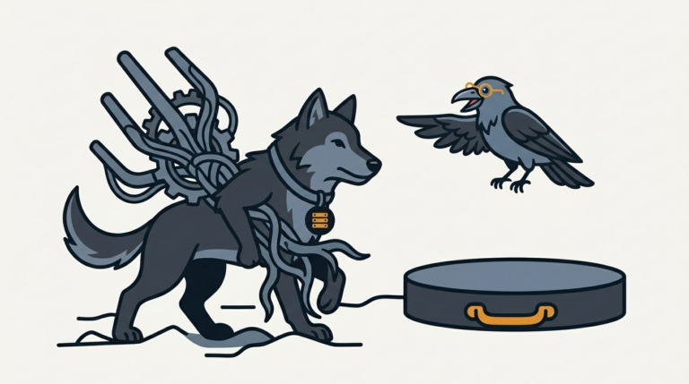 the wolf lifting a heavy iron web-root and carrying it to another disk shaped like a new shelf, an amber handle, the raven pointing the way