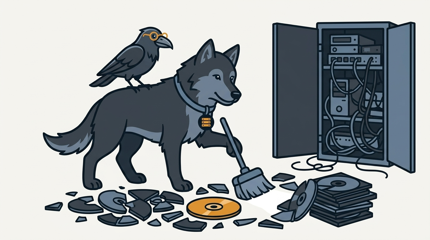 the wolf using a broom to sweep a path through a messy cabinet of disk fragments, one amber platter, the raven watching