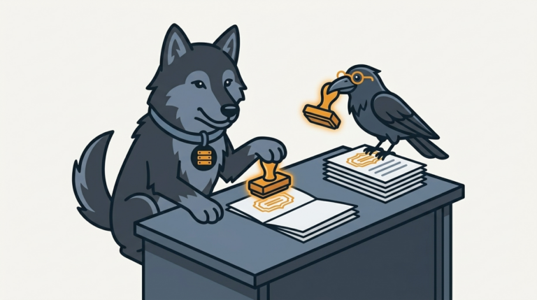 the wolf holding a glowing passport stamp pressed to an identity document, an amber stamp, the raven carrying a spare piece