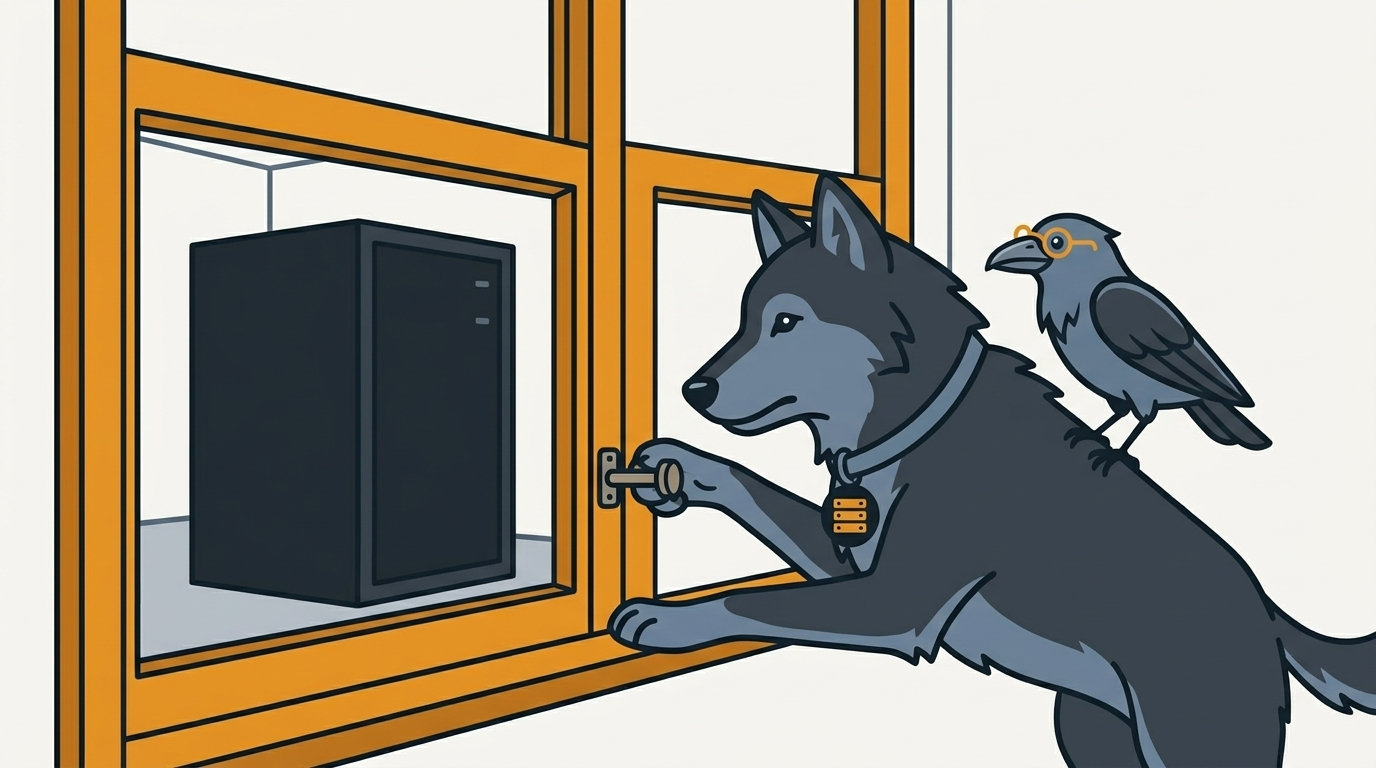 the wolf bolting a window with a view onto a plain black server box, an amber window frame, the raven peering out