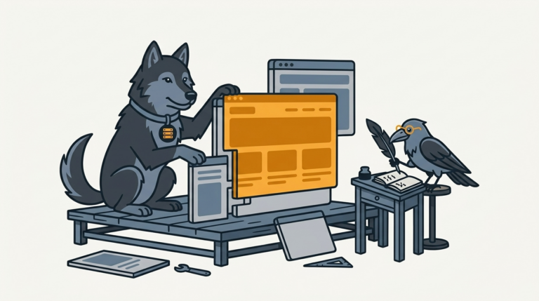 the wolf assembling office web panels on a beta stage, an amber panel, the raven taking notes with a feather