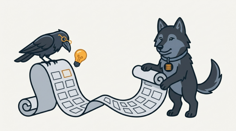 the wolf unrolling a long blank scroll covered with small plain blank boxes, a small amber lightbulb floating over one box, the raven perched on the scroll peering at it