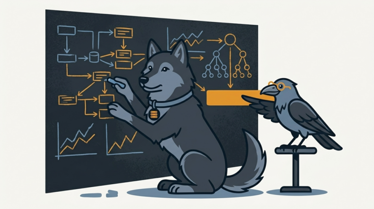 the wolf drawing charts in chalk on a wall, an amber bar, the raven pointing