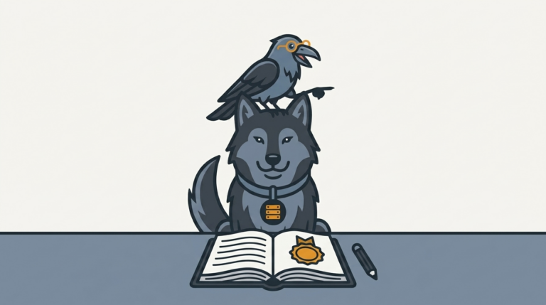 the wolf studying for a certificate on a long desk, an amber badge, the raven pointing