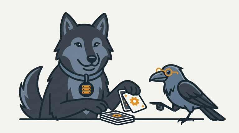 the wolf shuffling a deck of cards labelled with small shapes, one amber, the raven pointing