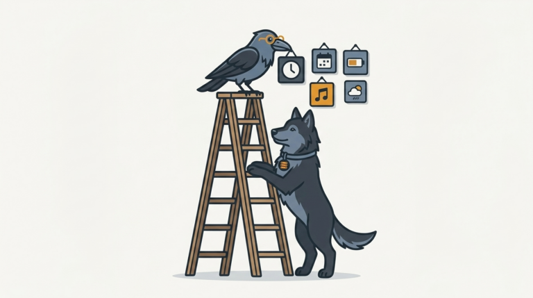 the raven hanging sidebar gadgets on a wall like paintings, one amber, the wolf holding the ladder