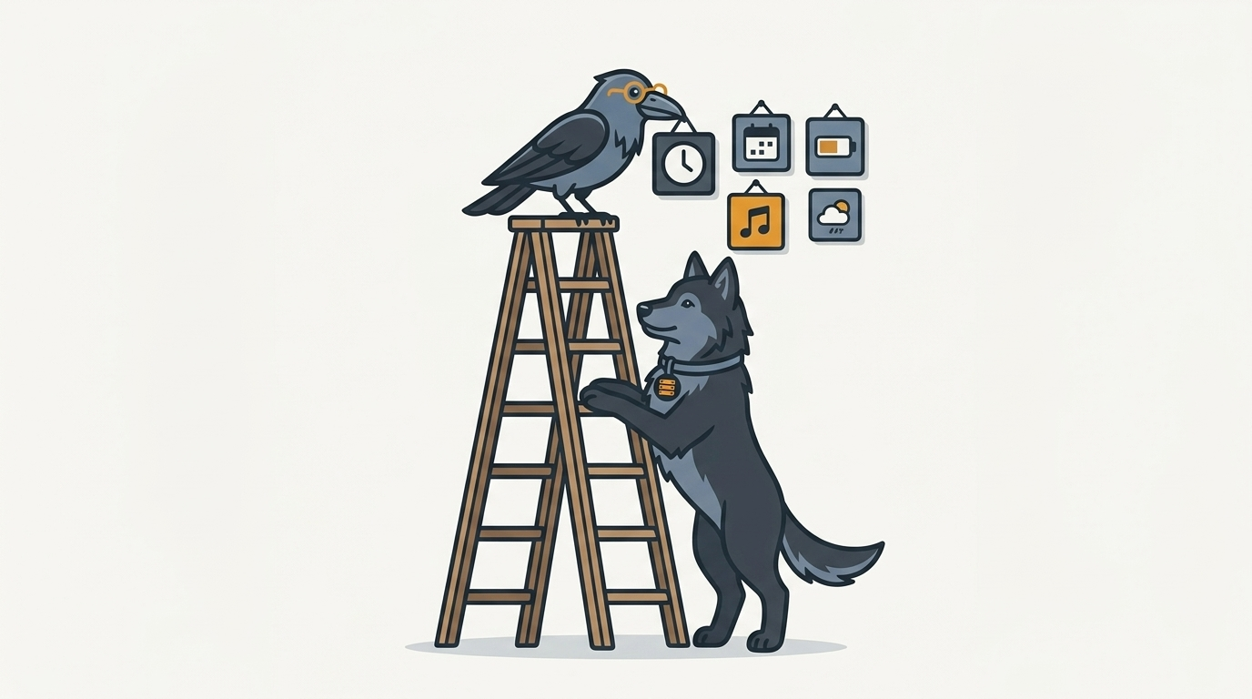 the raven hanging sidebar gadgets on a wall like paintings, one amber, the wolf holding the ladder