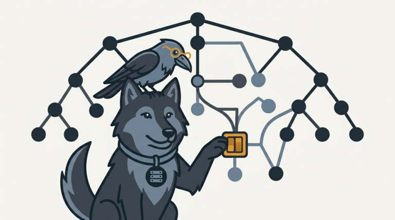 the wolf unlocking a small switch on a solution tree, an amber switch, the raven peering through its glasses