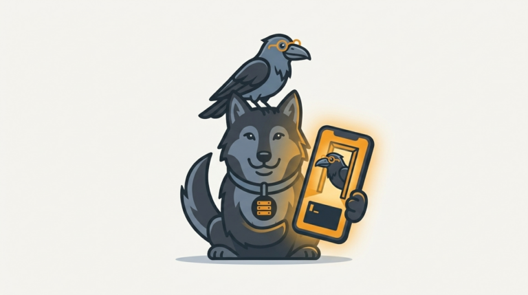 the wolf holding open a small glowing phone window, an amber doorframe, as the raven peeks in from a command prompt tiny door