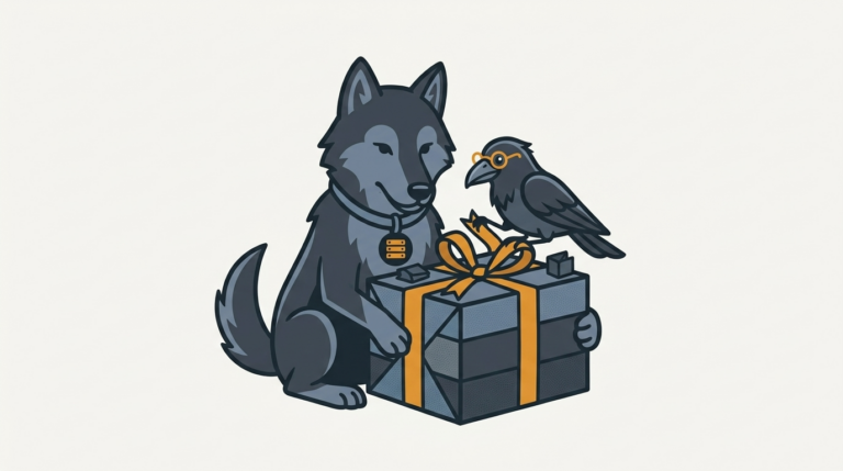the raven folding many small libraries into one neat package tied with an amber ribbon, the wolf holding the box