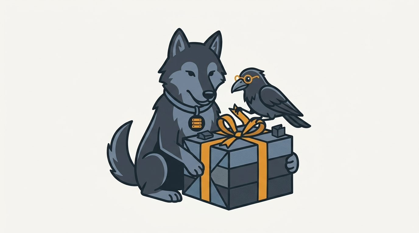 the raven folding many small libraries into one neat package tied with an amber ribbon, the wolf holding the box