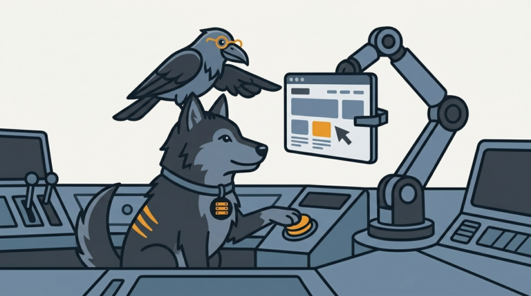 the wolf pressing a button on a robotic arm that clicks through a web page, one amber button, the raven pointing with a wing
