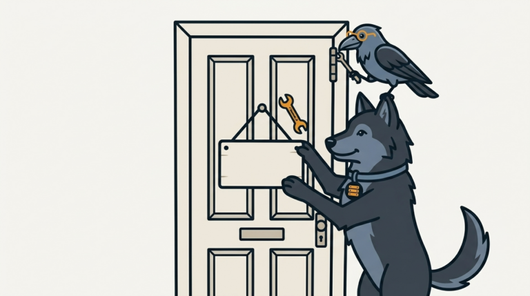 the wolf hanging a plain blank sign on a closed shop door with a tiny amber wrench beside it, the raven fixing the hinge