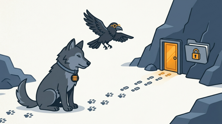 the wolf following footprints to a hidden folder, an amber door, the raven pointing