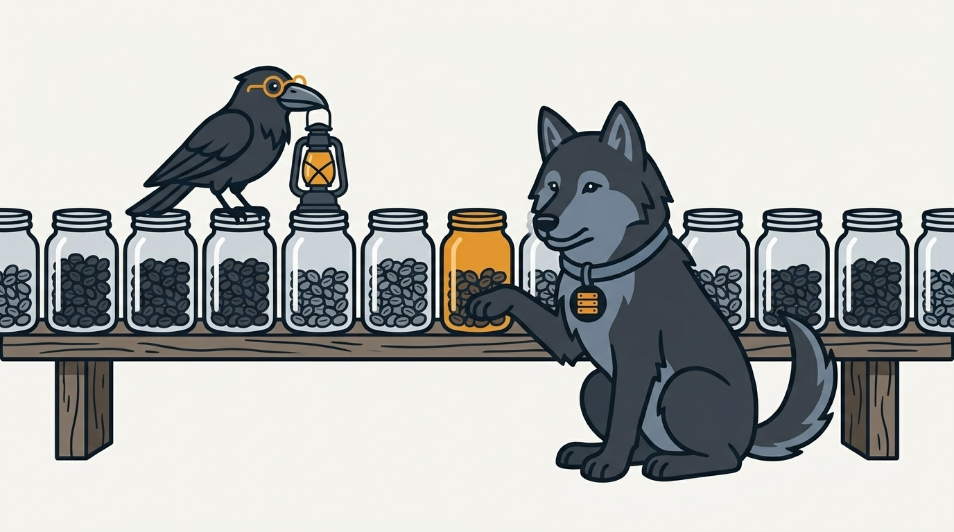 the wolf counting small rows of beans in a long row of jars, one amber jar, the raven holding a small lantern