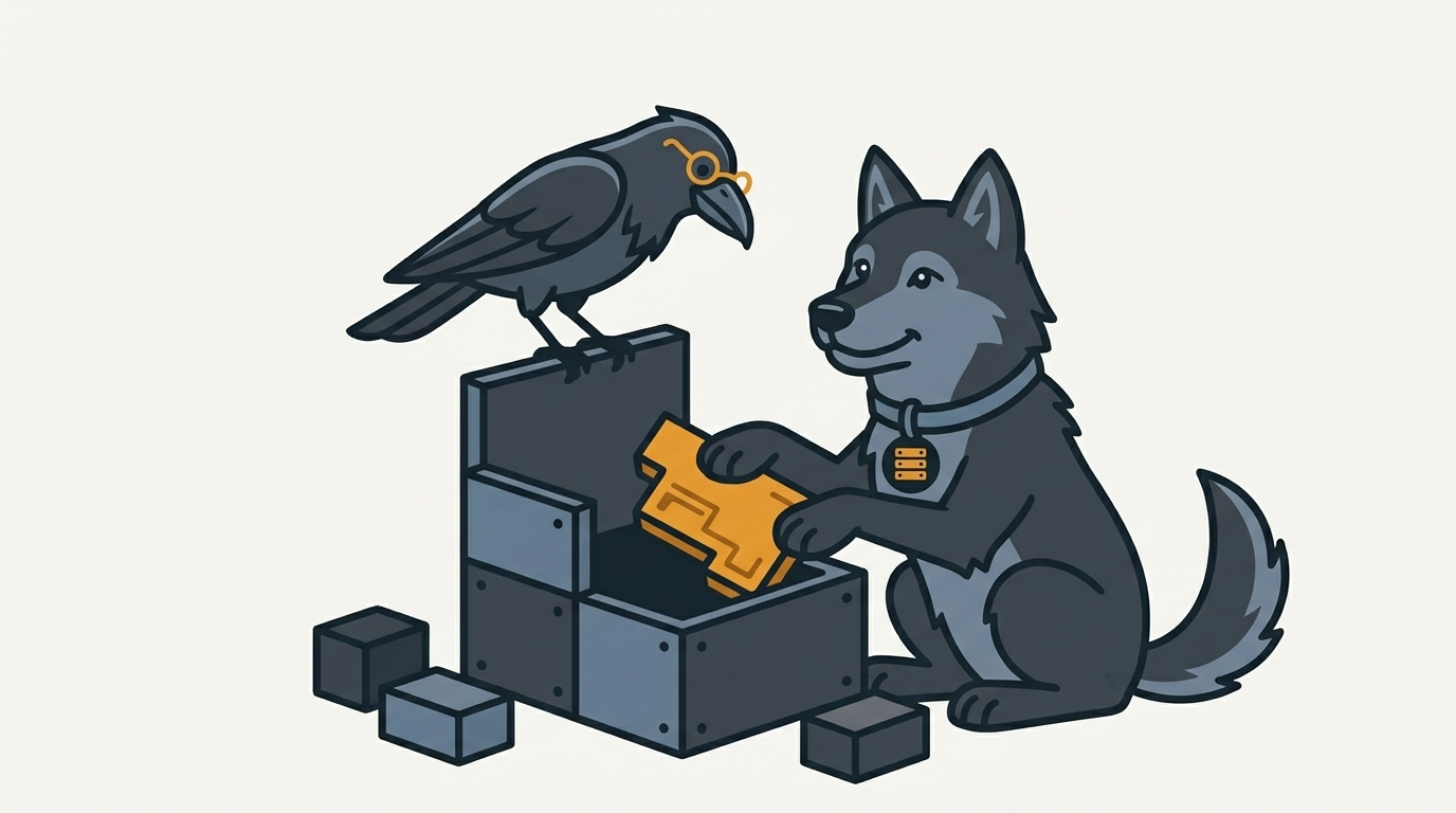 the wolf building a feature box from parts, an amber part, the raven perched on top watching