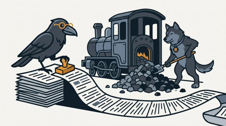 the raven filling a long train of release cards one by one, one amber card, the wolf shovelling coal into the engine