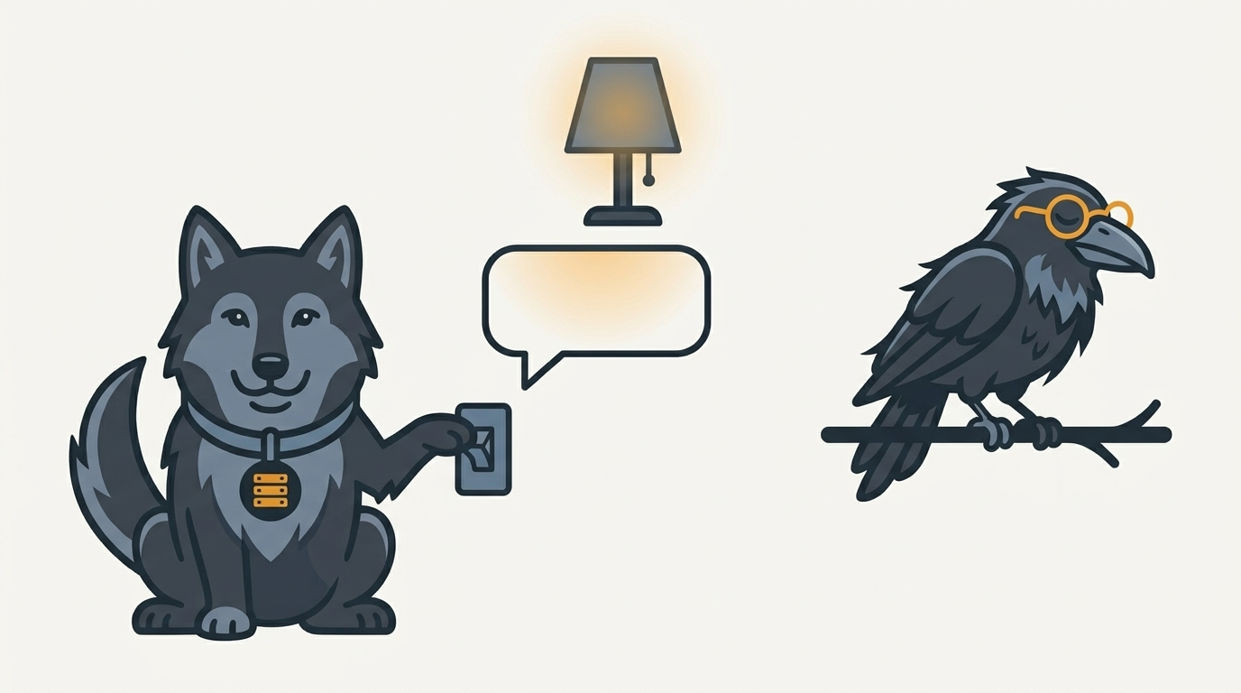 the wolf flipping a small switch that turns a lamp on a chat bubble to a dim amber glow, the raven sitting offline on a perch