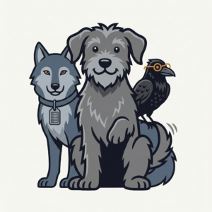 The dog sitting in front, introducing the wolf and the raven