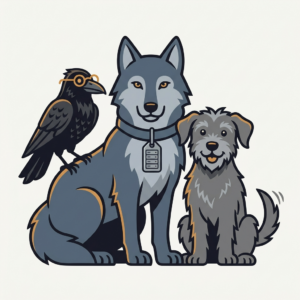 The raven, the wolf and the dog together