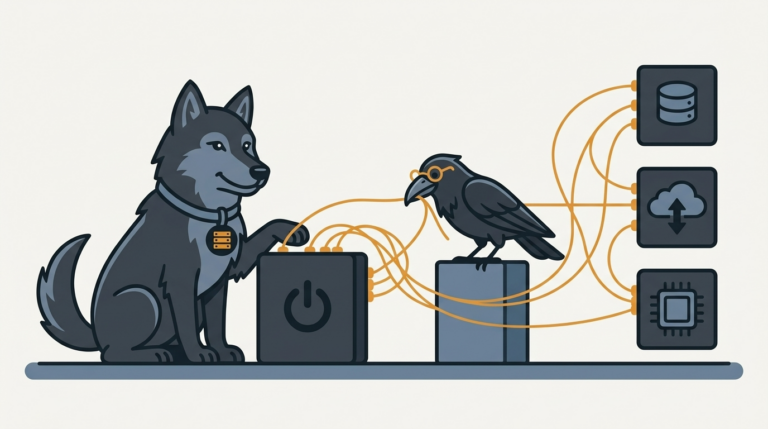 the wolf linking a master box with detail boxes by amber strings, the raven reading the strings