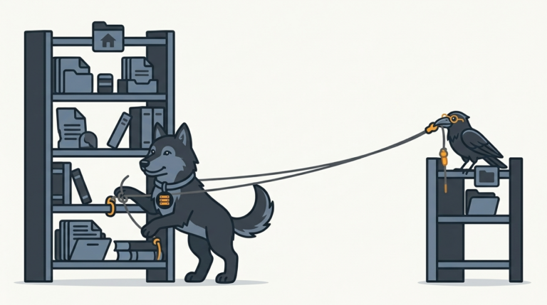 the wolf linking a parent shelf with a child shelf by a string, one amber, the raven holding the other end