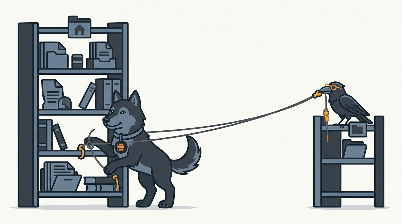 the wolf linking a parent shelf with a child shelf by a string, one amber, the raven holding the other end