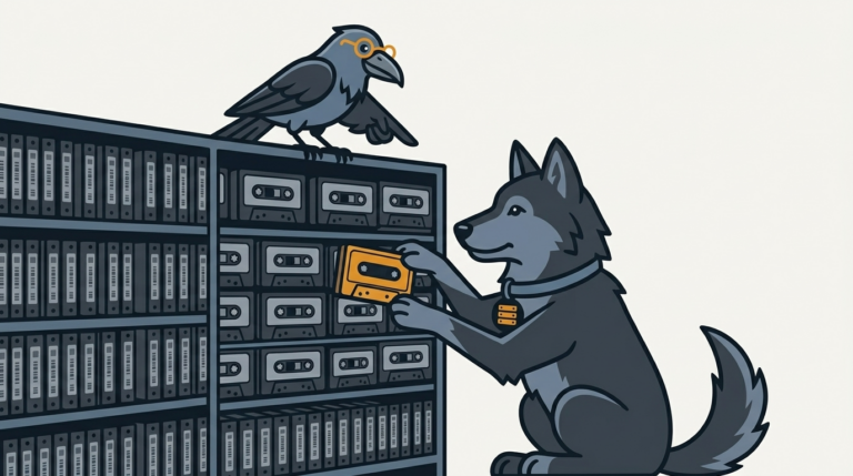 the wolf arranging a wall of media shelves with tiny labelled tapes, one amber tape, the raven pointing