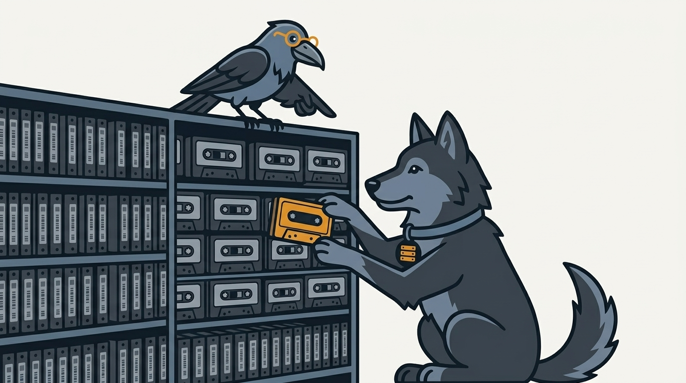 the wolf arranging a wall of media shelves with tiny labelled tapes, one amber tape, the raven pointing