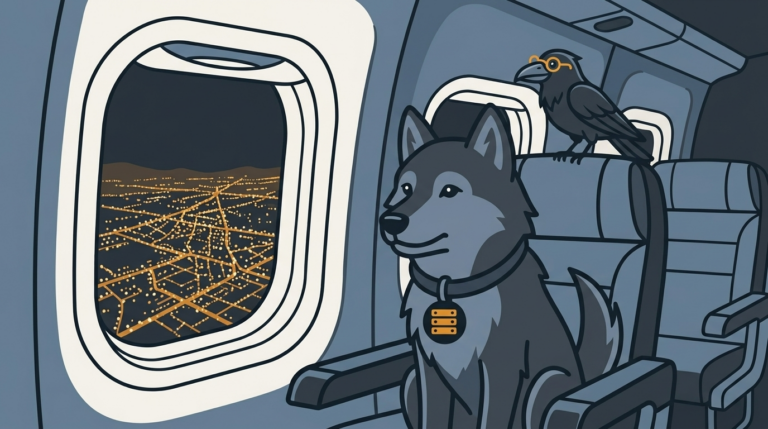 the wolf looking out of a plane window at a desert city of lights, an amber light, the raven in the seat
